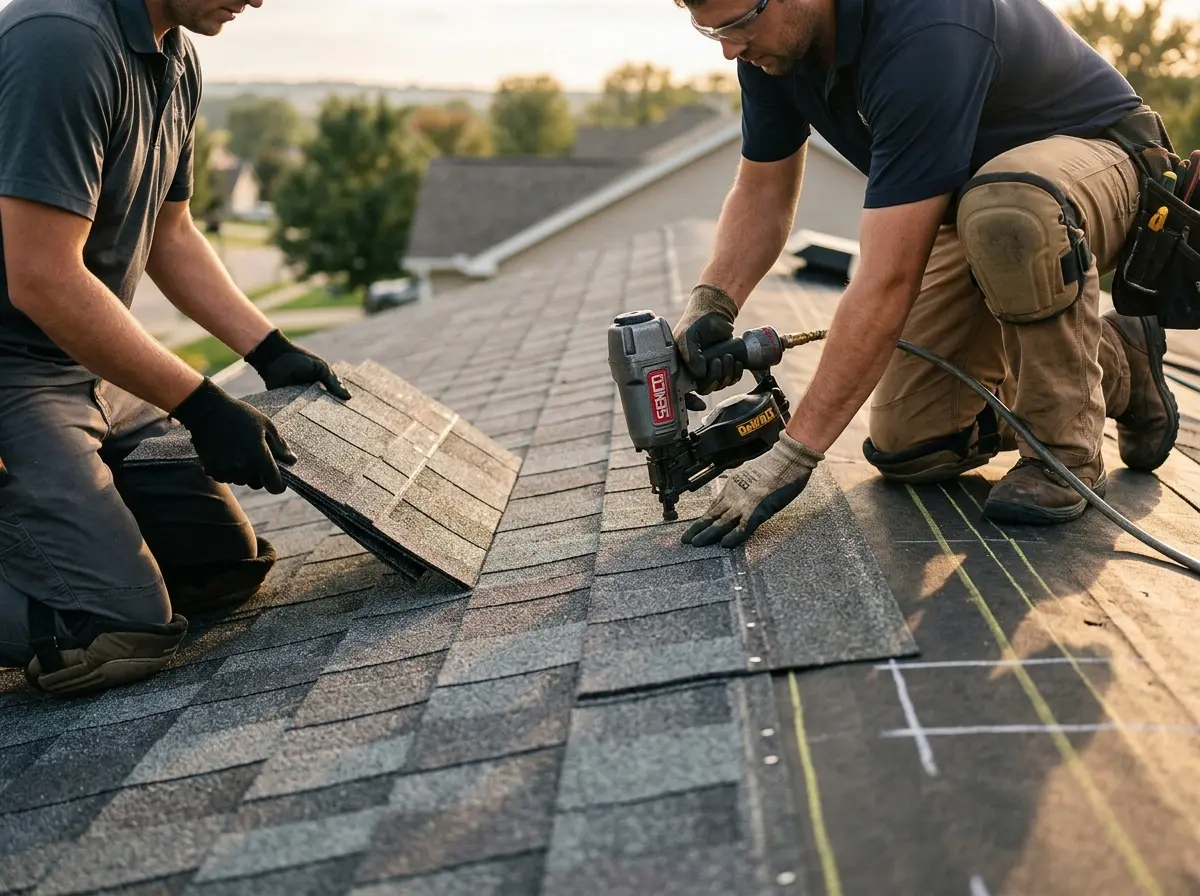 Professional roofer working on a residential roof in Morton Grove